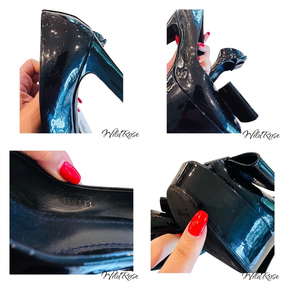 Louis Vuitton Blue Nuit Monogram Vernis True Bow Peep Toe Platform Pumps 37.5 - Picture 11 of 16